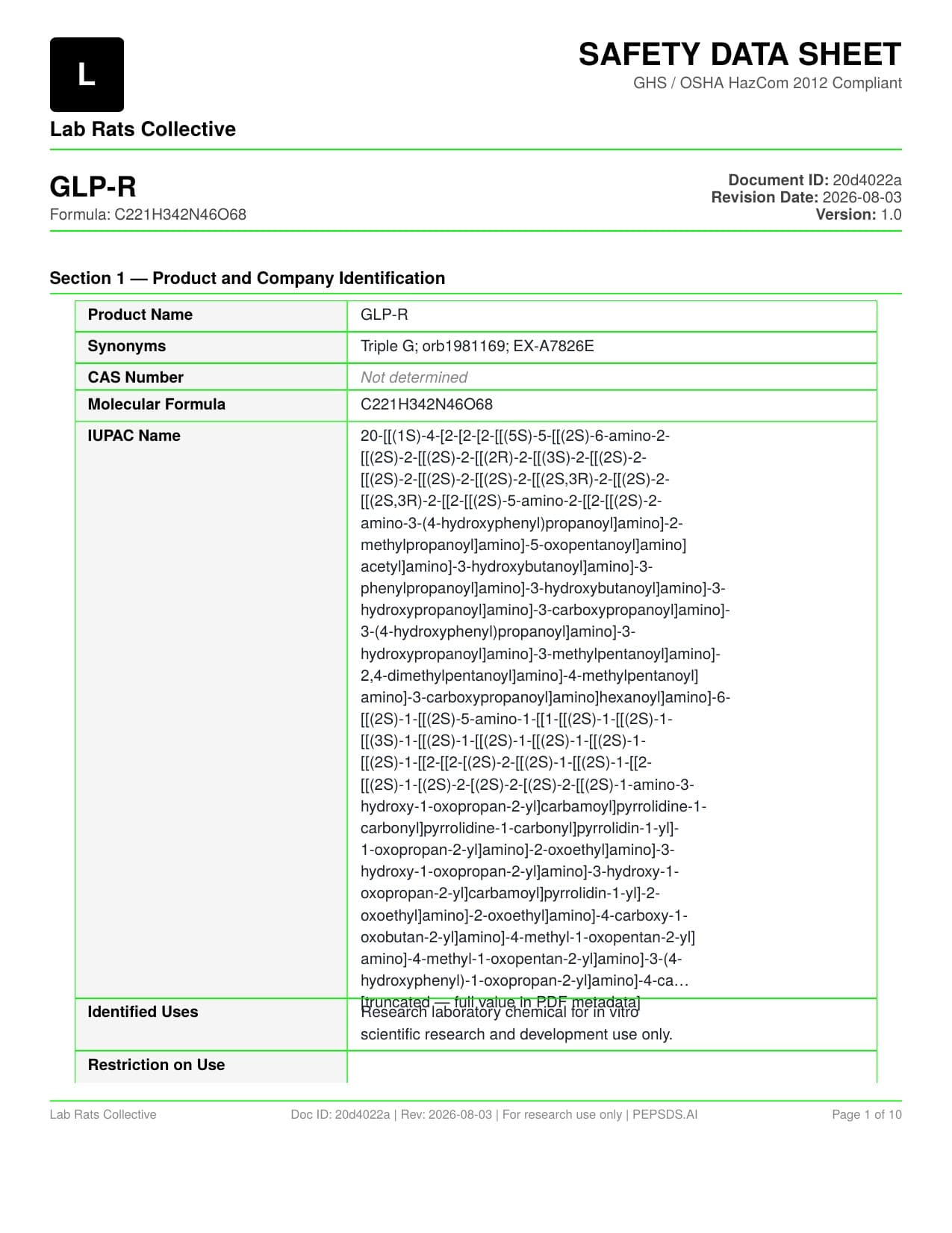 GLP-R 30mg Safety Data Sheet