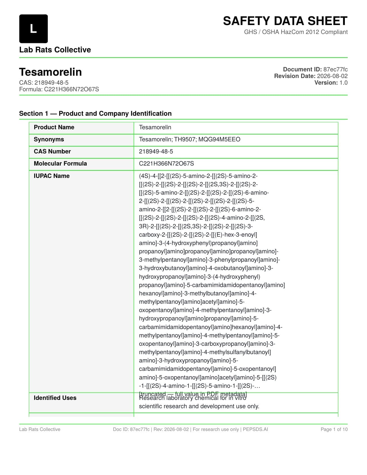 Tesamorelin 10mg Safety Data Sheet