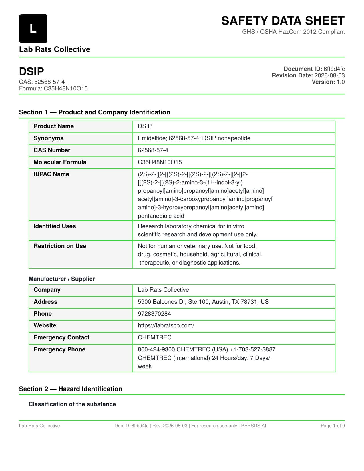 DSIP 10mg Safety Data Sheet